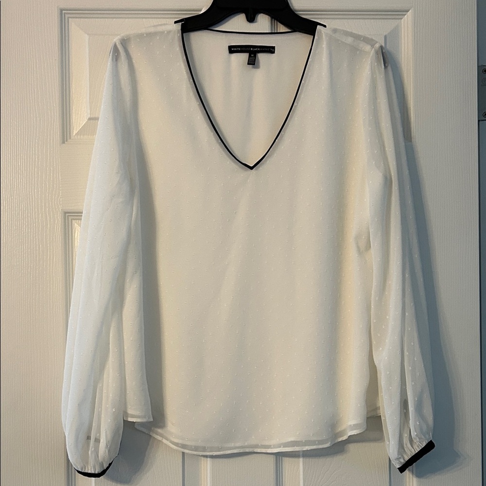 White House Black Market Sheer White Blouse with Black Trim